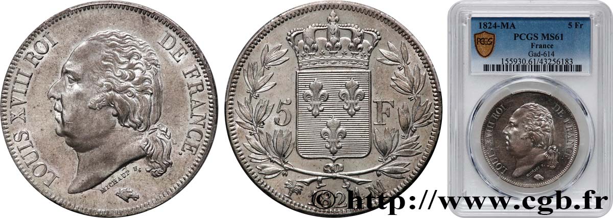 5 francs Louis XVIII, tête nue 1824 Marseille F.309/96 SUP61 PCGS