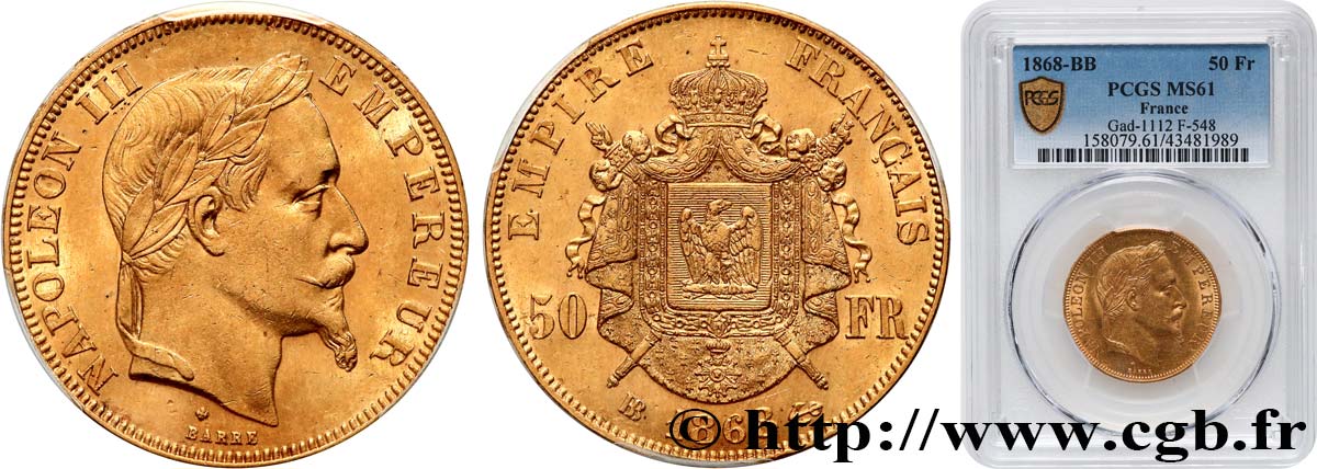 50 francs or Napoléon III, tête laurée 1868 Strasbourg F.548/11 MS61 PCGS