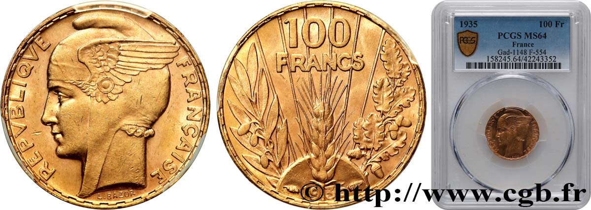 100 francs or, Bazor 1935 Paris F.554/6 fST64 PCGS