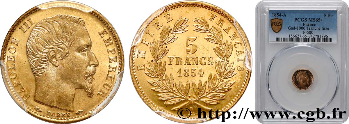 5 francs or Napoléon III, tête nue, petit module, tranche lisse 1854 Paris F.500/1 FDC65 PCGS