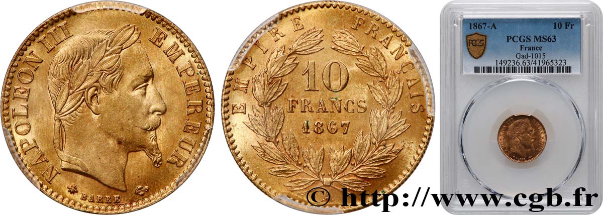 10 francs or Napoléon III, tête laurée 1867 Paris F.507A/15 fST63 PCGS