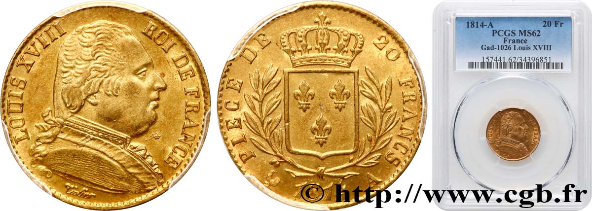 20 francs or Louis XVIII, buste habillé 1814 Paris F.517/1 EBC62 PCGS