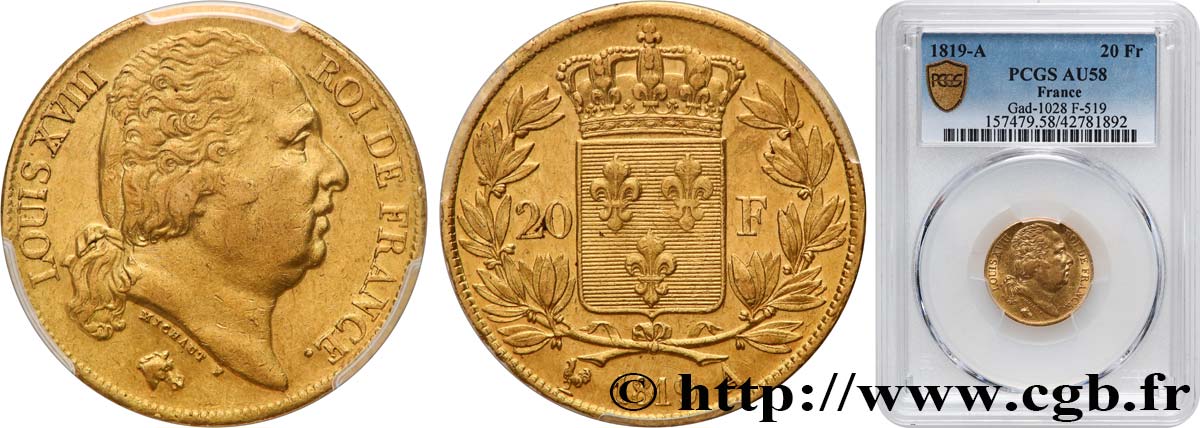 20 francs or Louis XVIII, tête nue 1819 Paris F.519/15 SPL58 PCGS