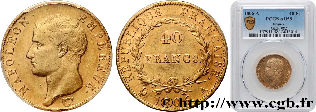 40 francs or Napoléon tête nue, Calendrier grégorien 1806 Paris F.538/1 SPL58 PCGS