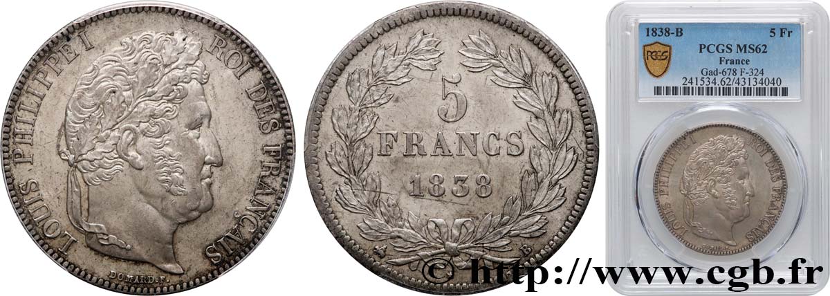 5 francs IIe type Domard 1838 Rouen F.324/69 SUP62 PCGS