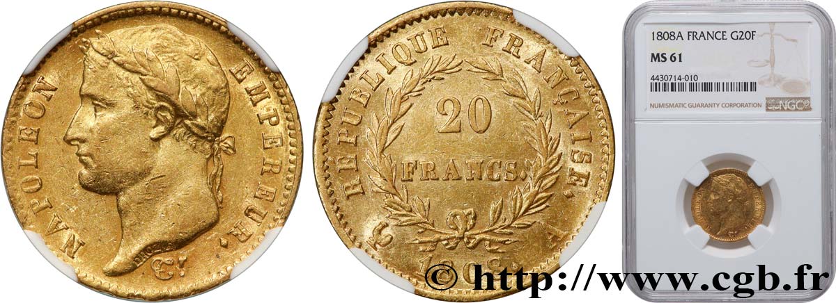 20 francs or Napoléon tête laurée, République française 1808 Paris F.515/2 SUP61 NGC