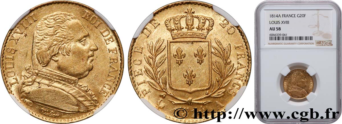 20 francs or Louis XVIII, buste habillé 1814 Paris F.517/2 EBC58 NGC