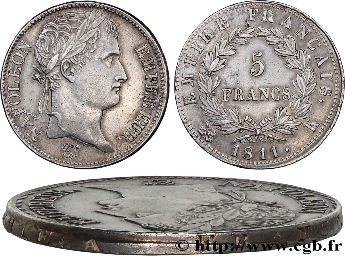 5 francs Napoléon Empereur, Empire français, Tranche Fautée 1811 Bordeaux F.307/33 MBC+ 
