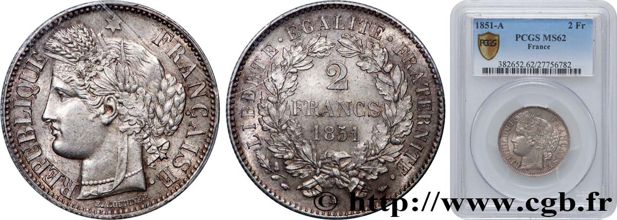 2 francs Cérès, IIe République 1851  Paris F.261/7 SUP62 PCGS