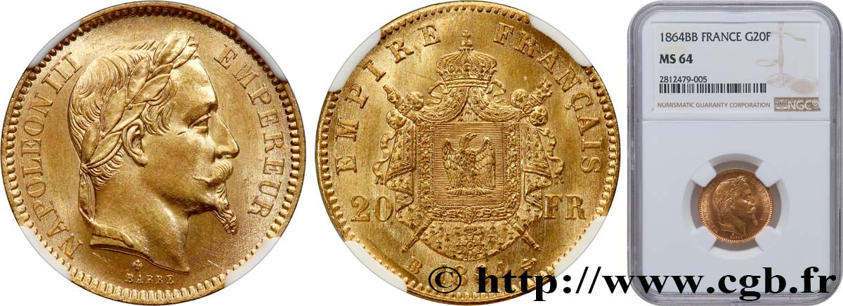20 francs or Napoléon III, tête laurée, Grand BB 1864 Strasbourg F.532/10 SPL64 NGC