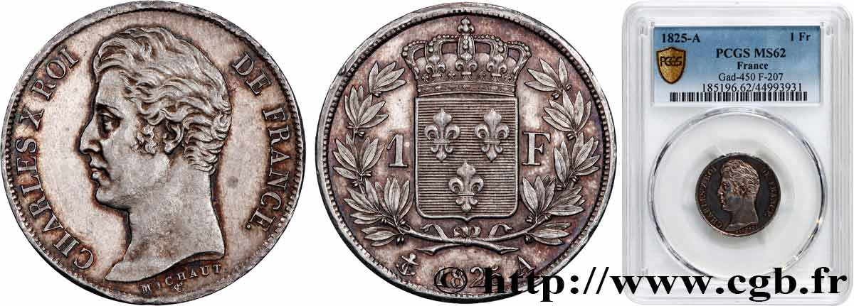 1 franc Charles X, matrice du revers à cinq feuilles 1825 Paris F.207/1 VZ62 PCGS