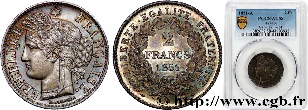 2 francs Cérès, IIe République 1851  Paris F.261/7 AU58 PCGS