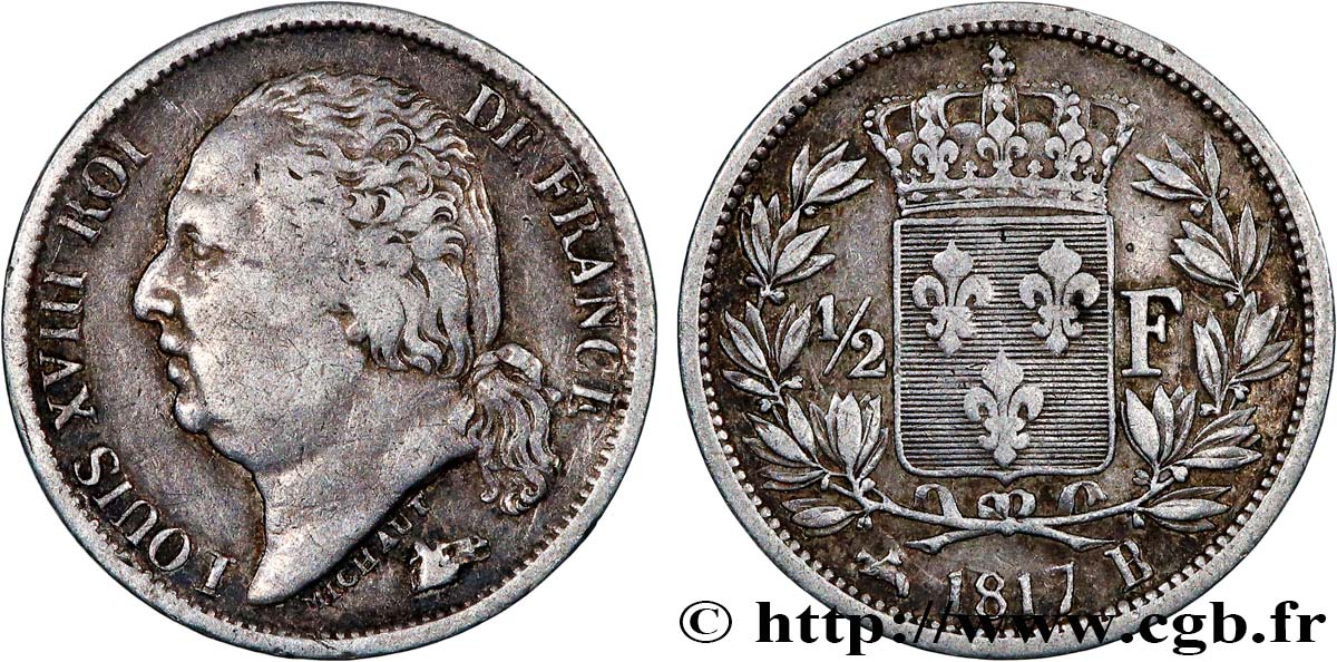 1/2 franc Louis XVIII 1817 Rouen F.179/10 TB25 