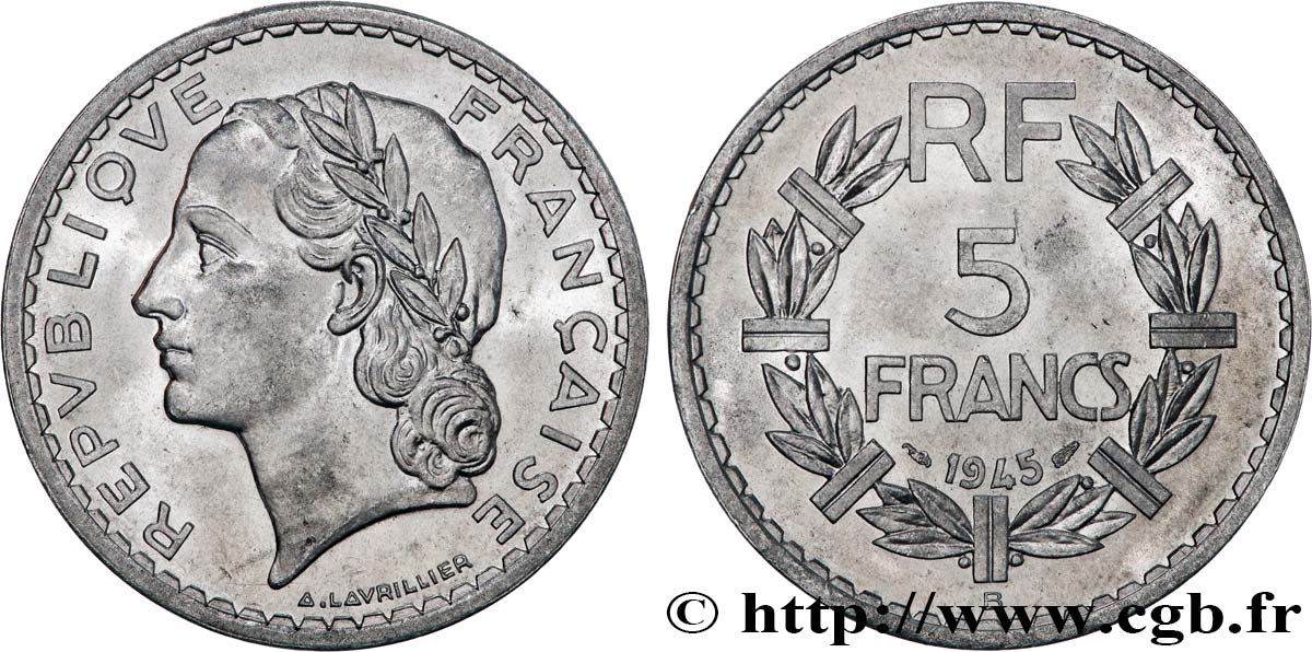 5 francs Lavrillier, aluminium 1945 Beaumont-Le-Roger F.339/4 MS63 