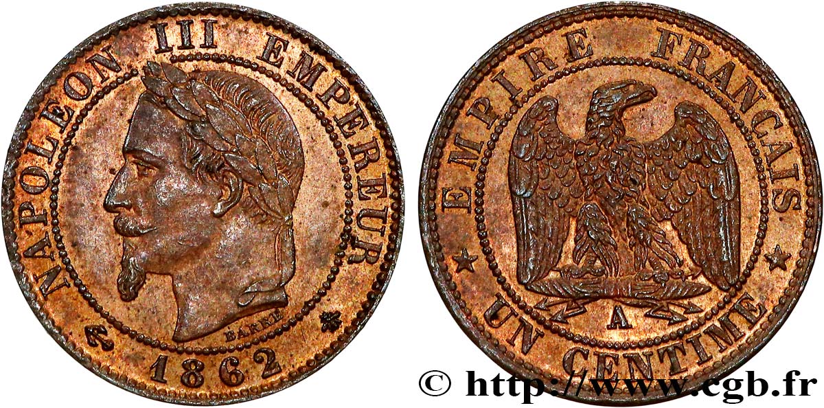 Un centime Napoléon III, tête laurée 1862 Paris F.103/4 SUP61