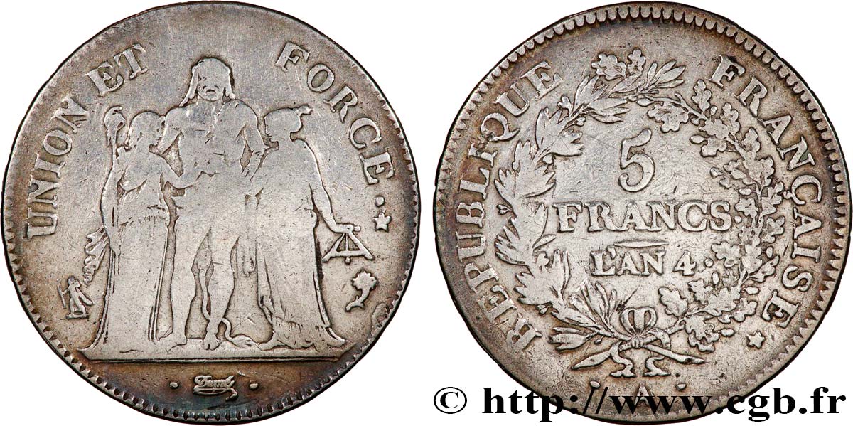 5 francs Union et Force, Union serré, avec glands intérieurs et gland extérieur 1796 Paris F.288/2 B+/TB