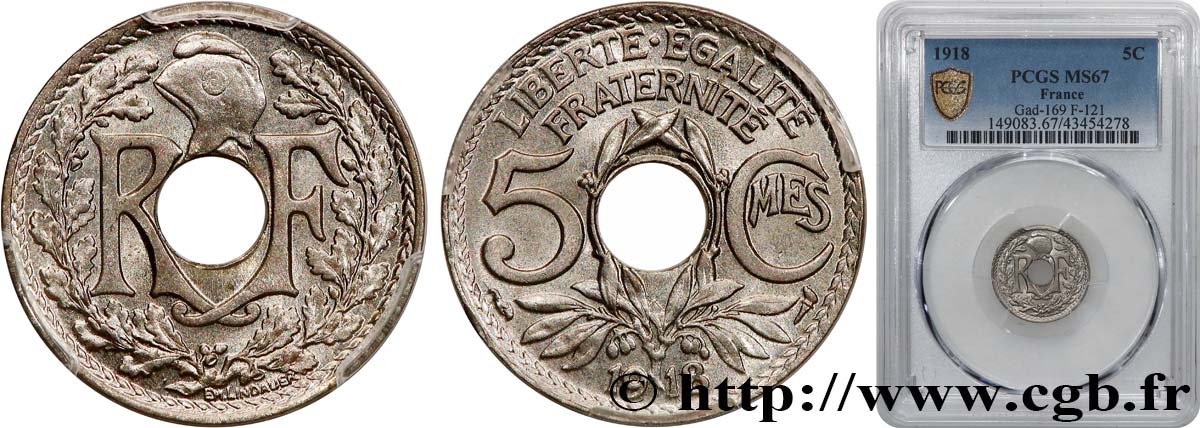 5 centimes Lindauer, grand module 1918 Paris F.121/2 MS67 PCGS