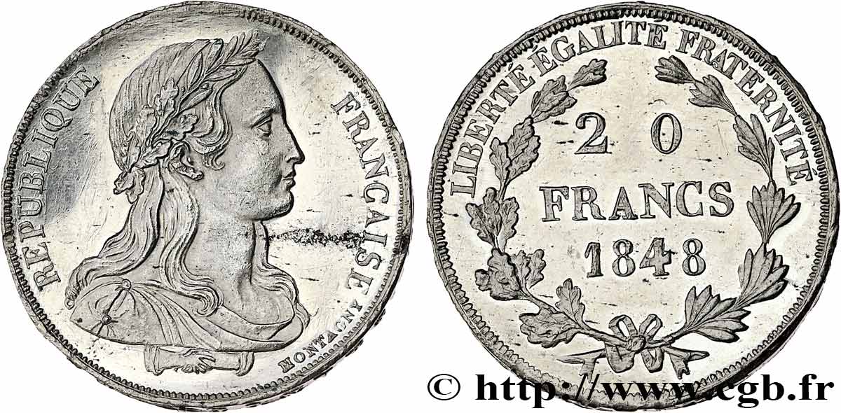 Concours de 20 francs, essai de Montagny, buste habillé 1848 Paris VG.3033 var MS/XF 