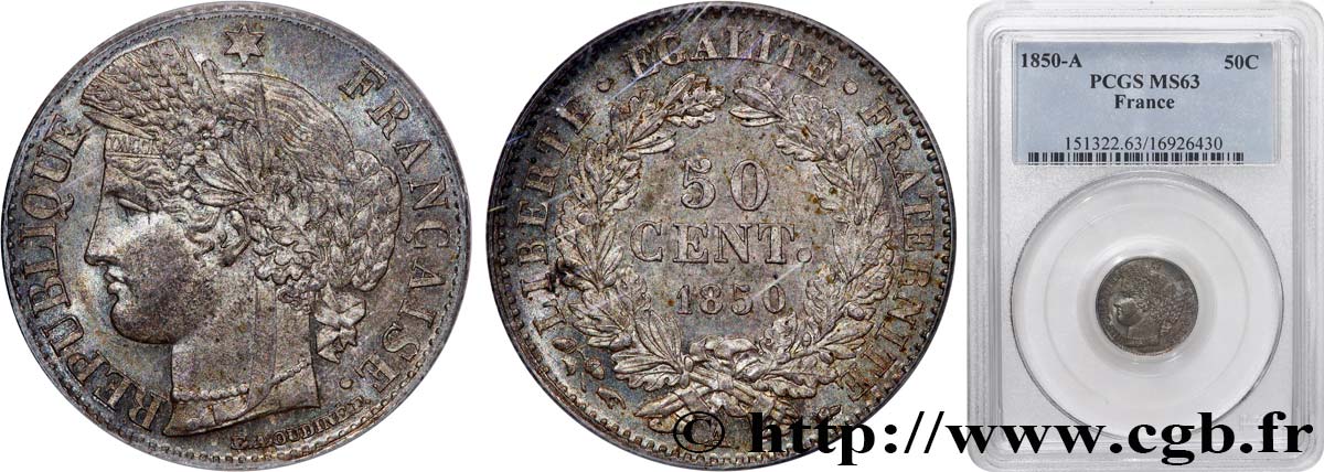 50 centimes Cérès, IIe République 1850 Paris F.184/2 SC63 PCGS