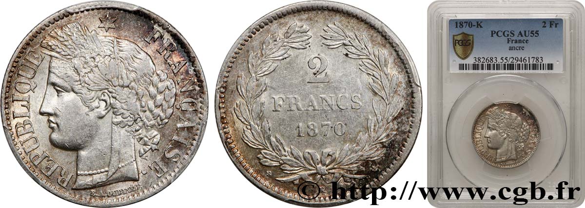 2 francs Cérès, sans légende 1870 Bordeaux F.264/2 AU55 PCGS