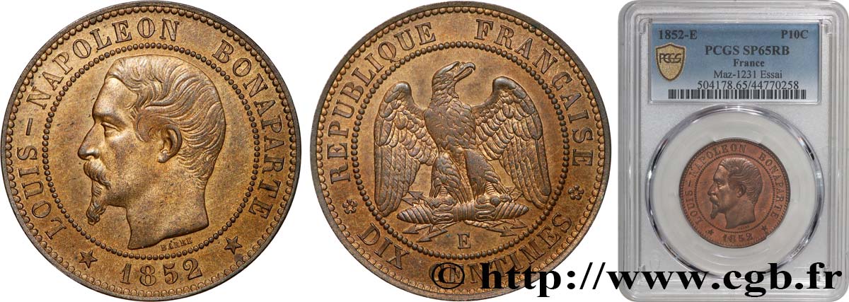 Essai de dix centimes, Louis-Napoléon Bonaparte 1852 Paris VG.3306  MS65 PCGS