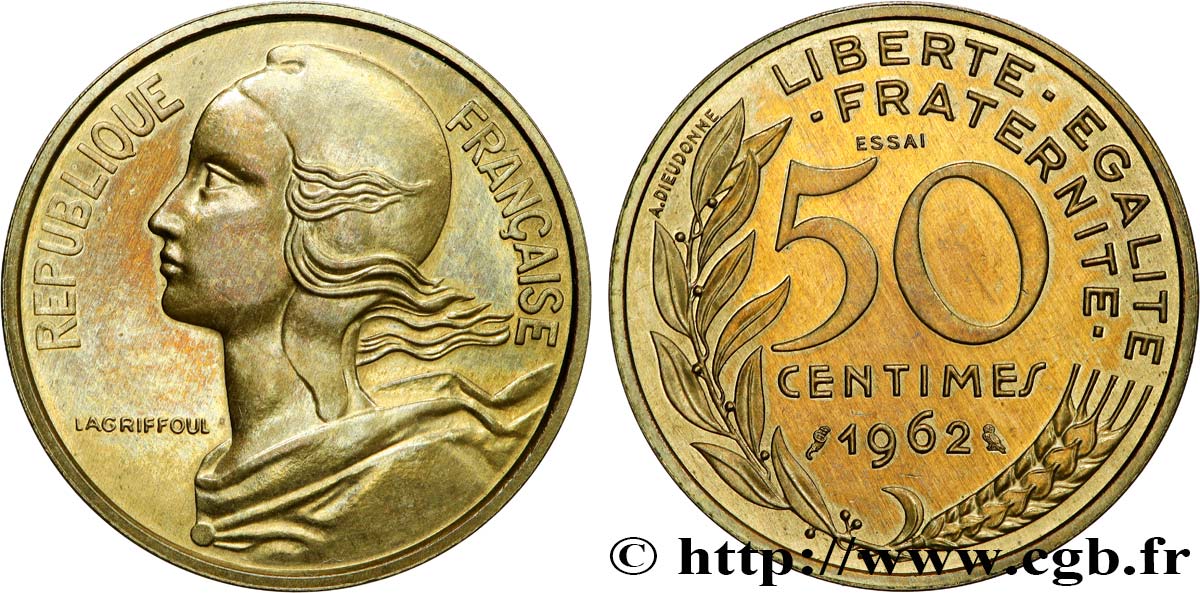Essai-piéfort de 50 centimes Marianne 1962 Paris GEM.89 EP VZ62 