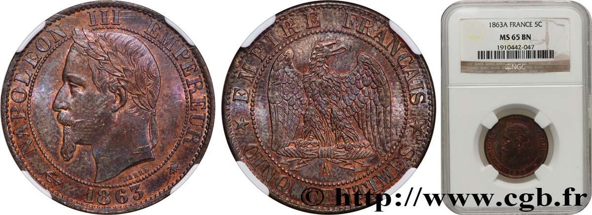 Cinq centimes Napoléon III, tête laurée 1863 Paris F.117/10 MS65 NGC