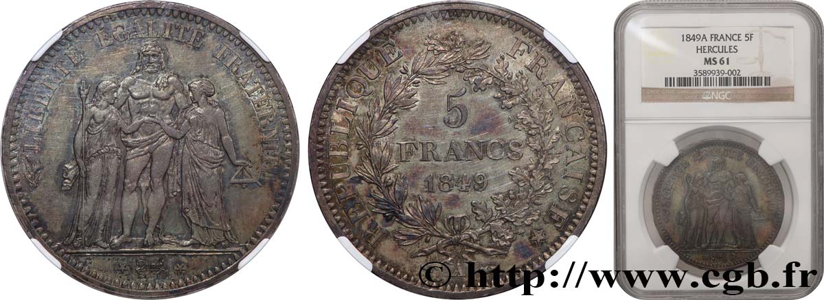 5 francs Hercule, IIe République 1849 Paris F.326/5 MS61 NGC