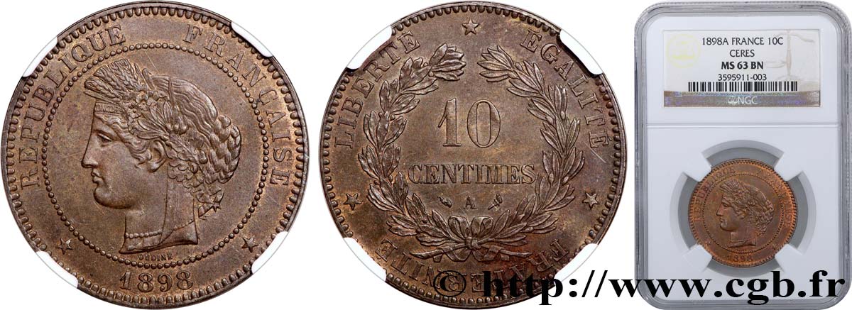 10 centimes Cérès 1898 Paris F.135/45 SPL63 NGC