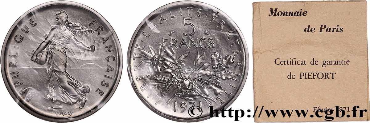 Piéfort Cu-Ni de 5 francs Semeuse 1971 Paris GEM.154 P1  MS 