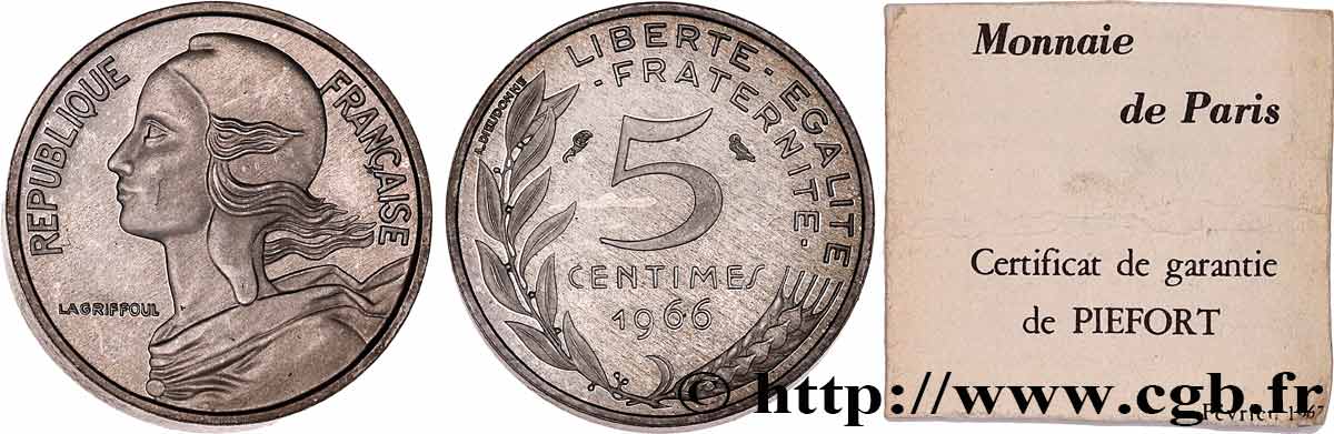 Piéfort Argent de 5 centimes Marianne 1966 Paris GEM.22 P2 MS65 