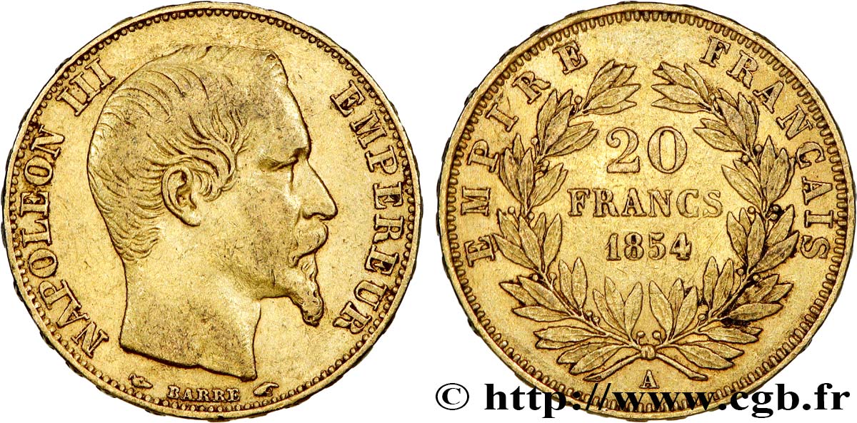 20 francs or Napoléon III, tête nue 1854 Paris F.531/2 TTB