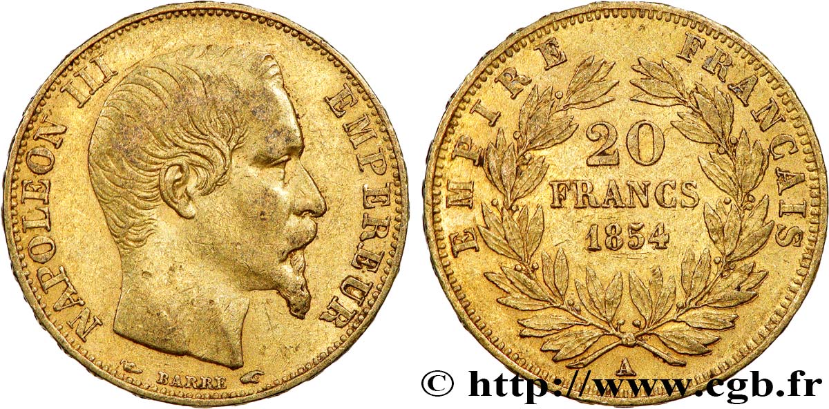 20 francs or Napoléon III, tête nue 1854 Paris F.531/2 MBC 