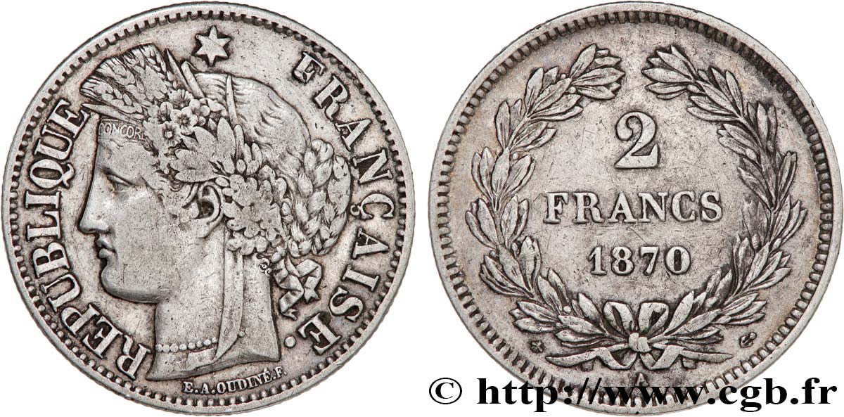 2 francs Cérès, sans légende 1870 Paris F.264/1 VF35 