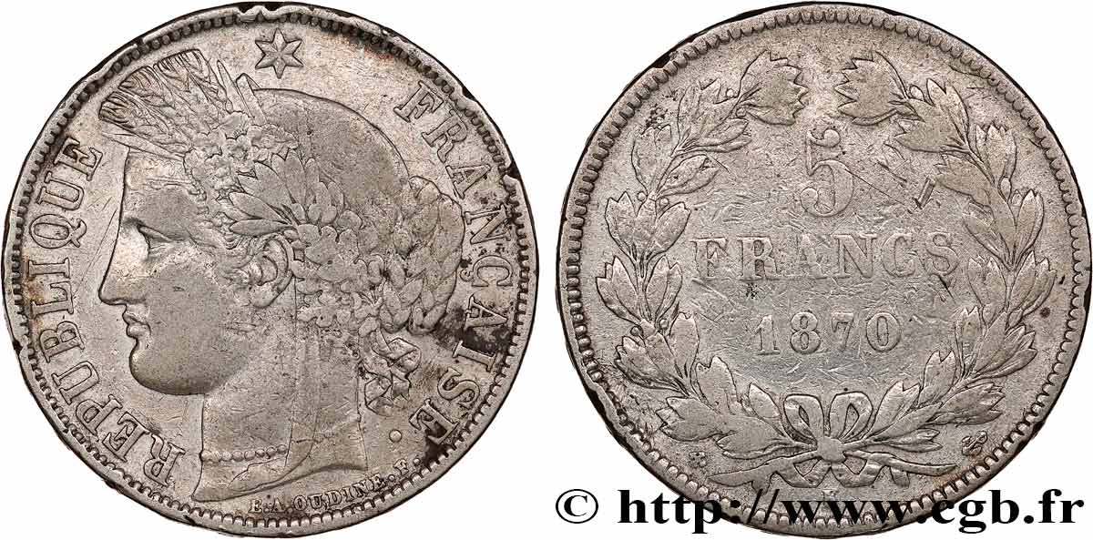 5 francs Cérès, sans légende 1870 Bordeaux F.332/2 TB 
