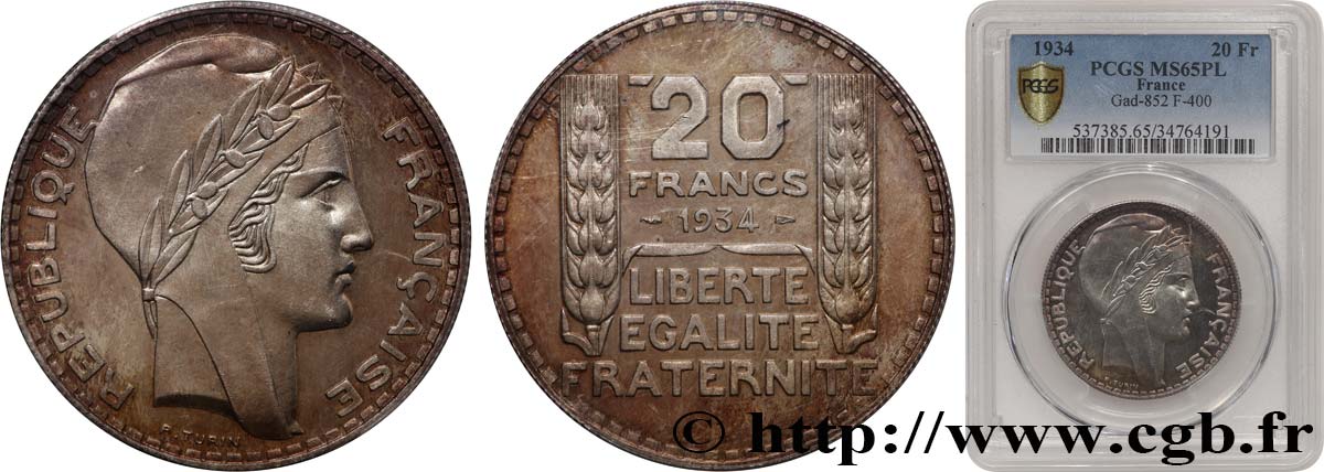 20 francs Turin, Proof Like 1934  F.400/6 FDC65 PCGS