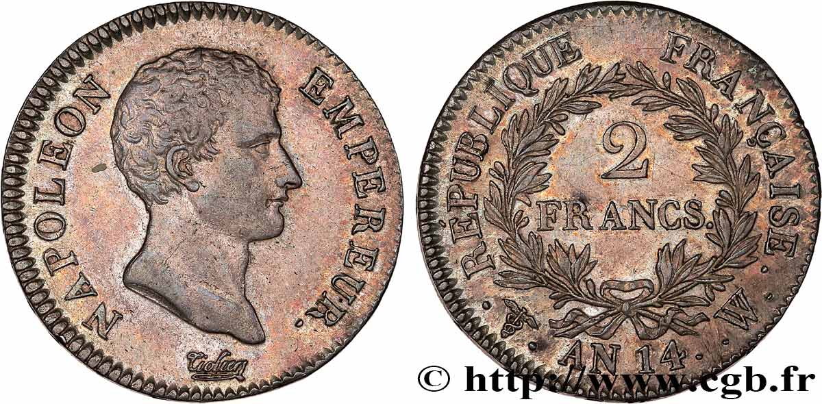 2 francs Napoléon Empereur, Calendrier révolutionnaire 1805 Lille F.251/35 VZ55 