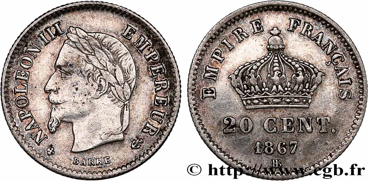 20 centimes Napoléon III, tête laurée, grand module 1867 Strasbourg F.150/2 TB+