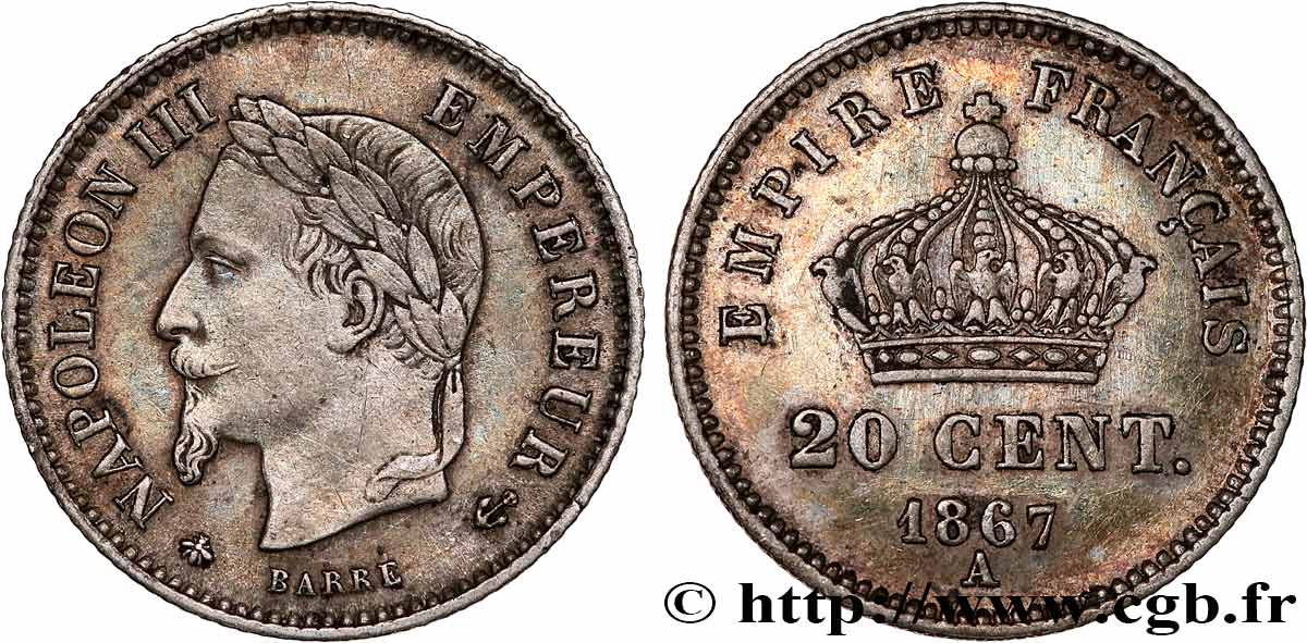 20 centimes Napoléon III, tête laurée, grand module 1867 Paris F.150/1 BB45