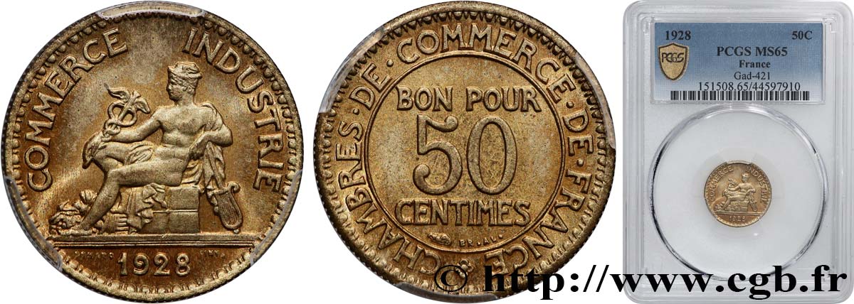 50 centimes Chambres de Commerce 1928 Paris F.191/10 FDC65 PCGS