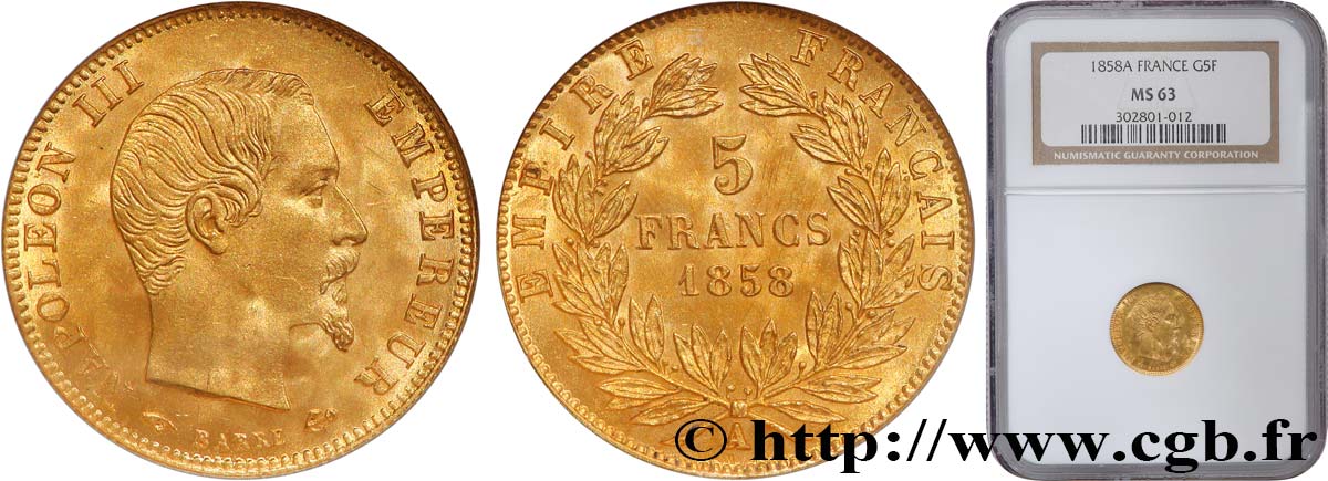 5 francs or Napoléon III, tête nue, grand module 1858 Paris F.501/5 fST63 NGC