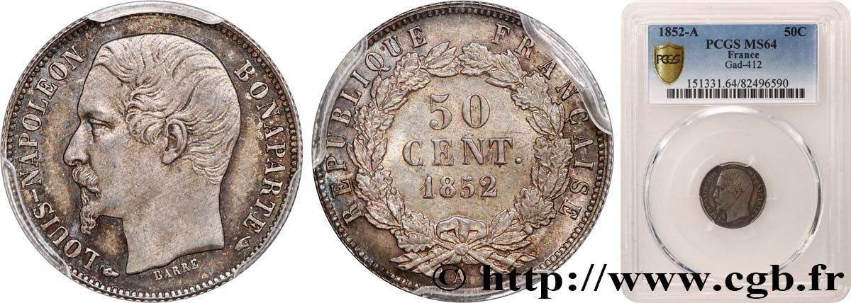 50 centimes Louis-Napoléon 1852 Paris F.185/1 MS64 PCGS