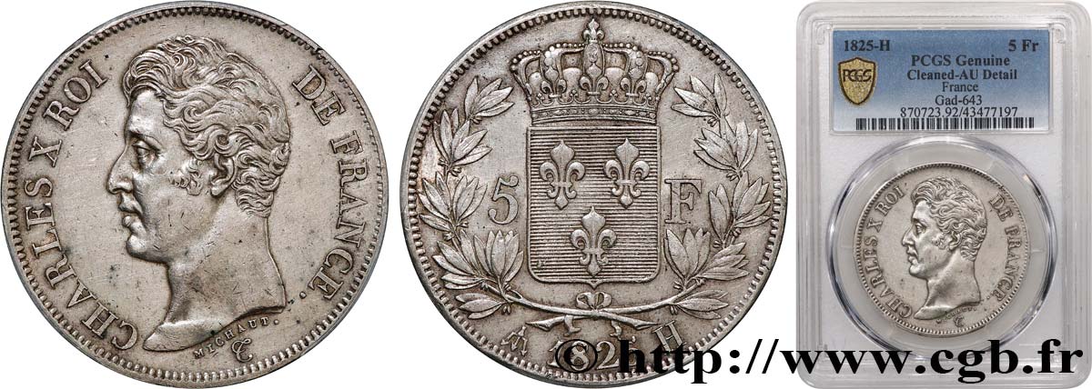 5 francs Charles X, 1er type 1825 La Rochelle F.310/7 AU PCGS