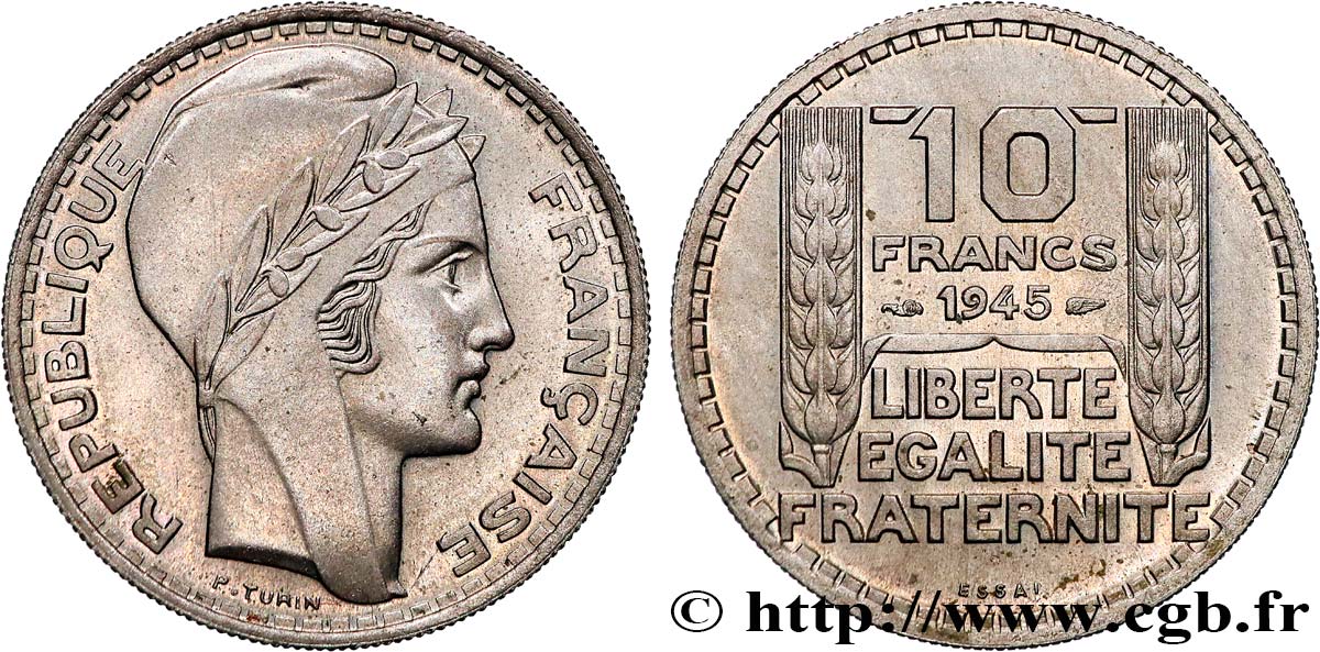 Essai de 10 francs Turin, grosse tête, rameaux longs 1945 Paris F.361/1 MS64 