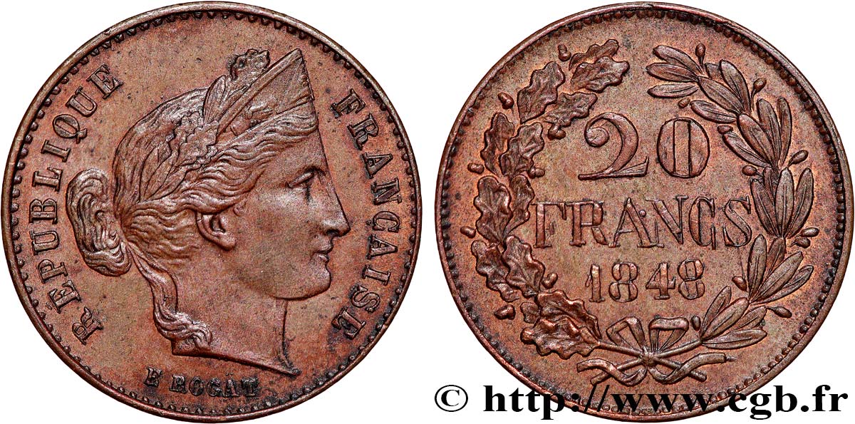 Concours de 20 francs, piéfort de Rogat 1848 Paris VG.3036 var. MS62 