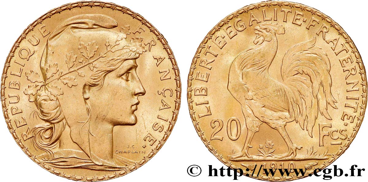 20 francs or Coq, Liberté Égalité Fraternité 1910 Paris F.535/4 SC