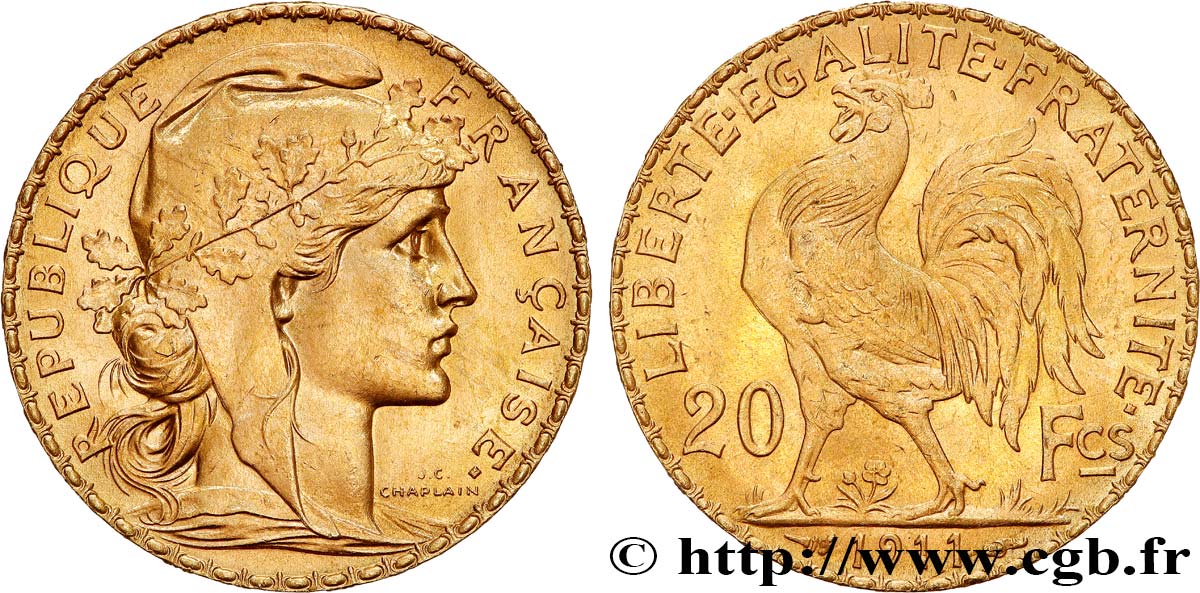 20 francs or Coq, Liberté Égalité Fraternité 1911 Paris F.535/5 SC