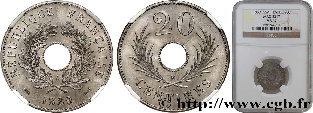 Essai de 20 centimes 1889 Paris GEM.50 24 MS67 NGC