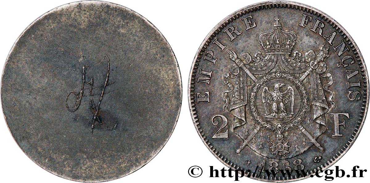 Épreuve uniface bronze argenté revers de 2 francs Napoléon III, tête laurée  1868 Paris Maz.1659 a MS62 PCGS