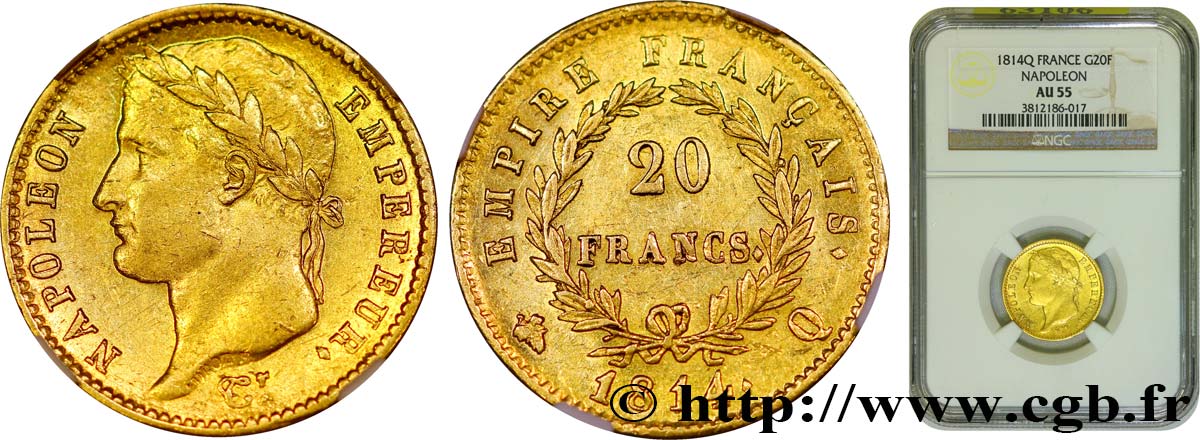 20 francs or Napoléon tête laurée, Empire français 1814 Perpignan F.516/41 VZ55 NGC